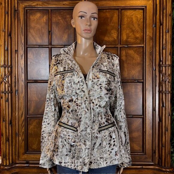 Boston Proper Gold Shimmer Animal Print Admiral Epaulet Adjustable Waist Jacket